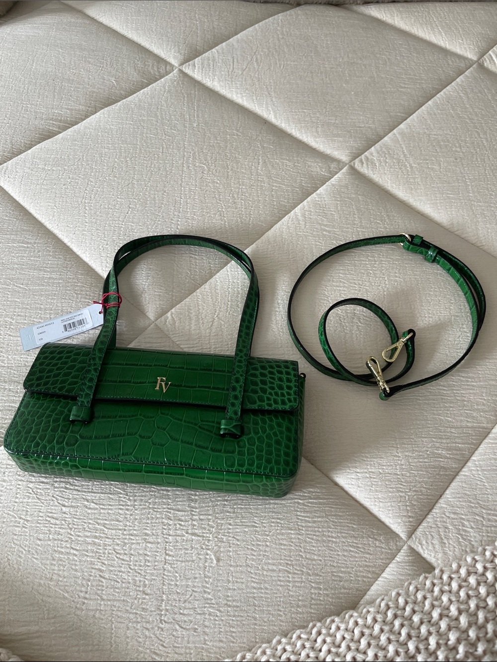 Frances Valentine Emerald Croc-Embossed leather Small Slim Tote with Gold Logo - Picture 3 of 8